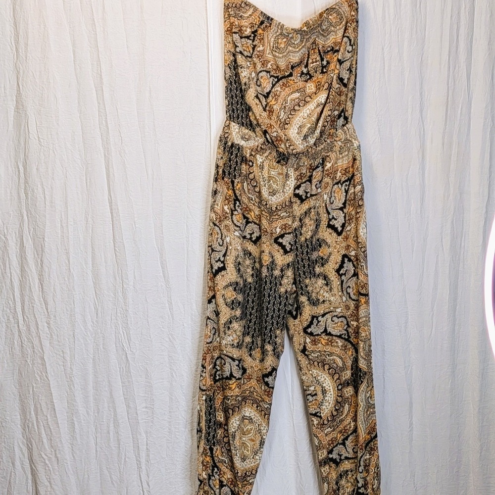 Bishop + Young Paisley Jumpsuit Black Gold Elastic Chest Waist Ankles Small